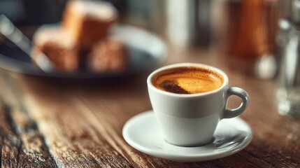 Espresso coffee still life at home decor close up on vintage wooden surface warm environment