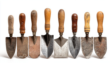 Collection of brick trowels with wooden handles