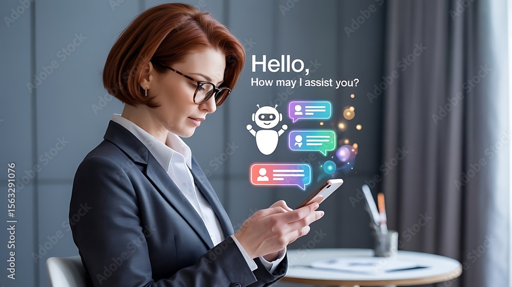 Poster ai-powered procurement system concept with chatbot and digital invoice icons on mobile device, repre