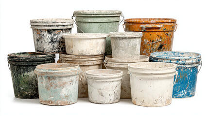 Collection of plaster mixing buckets in various colors