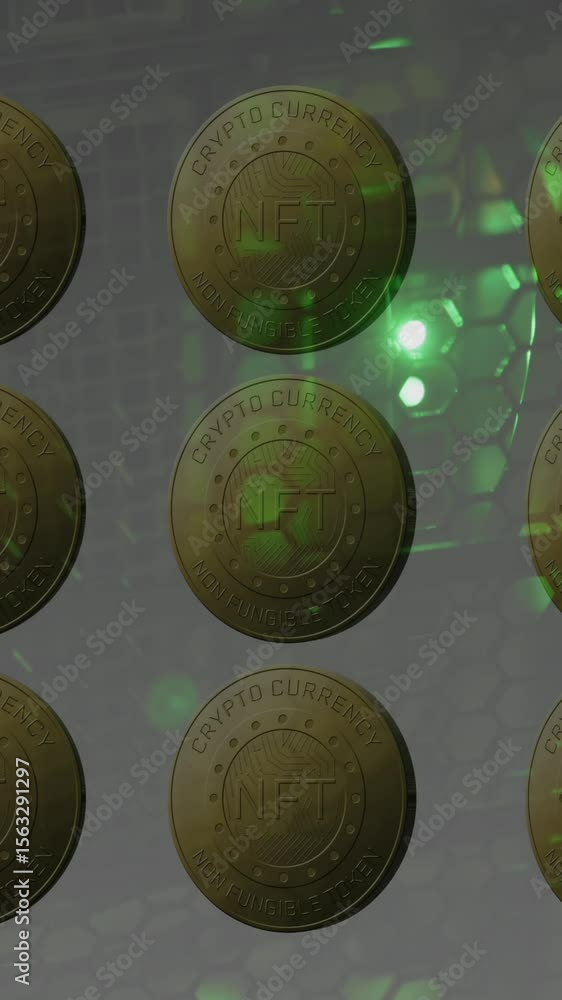 Poster animation of coins with nft and data processing over servers