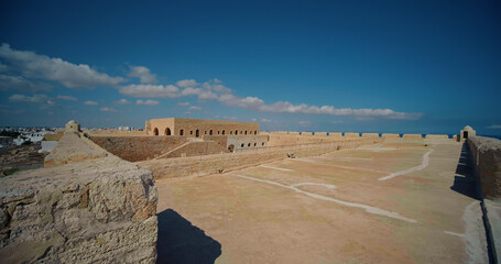 Roof top view from LE FORT ottoman in Mahdia. Walls and roof shot of Borj el Kebir fortress situated on the banks of Mediterranian Sea.