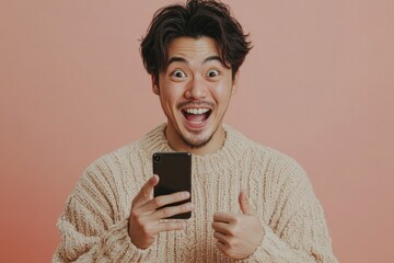 Excited Asian man looking at and pointing at his smartphone, Generative AI