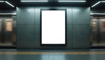 Blank movie poster mockup in modern subway station setting. Empty advertising space for film design or urban advertisement in metro. Subway train passes, motion blur effect.