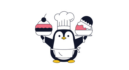 Obraz premium Adorable penguin chef presents delicious desserts with whimsical charm and sweet delights