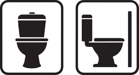 Two stylized icons, on white backgrounds with rounded corners, represent toilets. One toilet faces forward, the other faces sideways with a grab bar to its right.