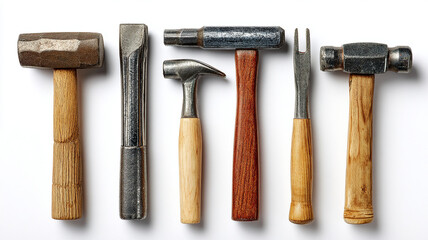 Collection of various hammers and tools for masonry