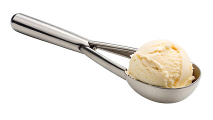 Delicious vanilla ice cream scoop ready for serving isolated on transparent background