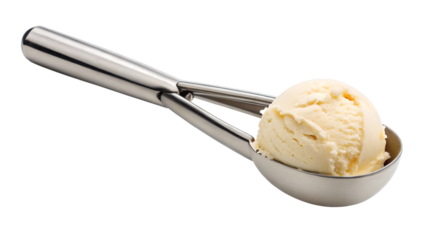 Delicious vanilla ice cream scoop ready for serving isolated on transparent background