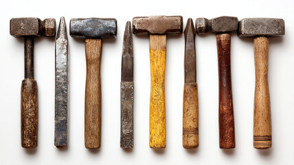 Masonry chisels and hammers arranged in row