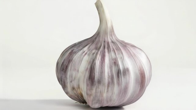 Close-up shot of a single garlic clove on a white surface
