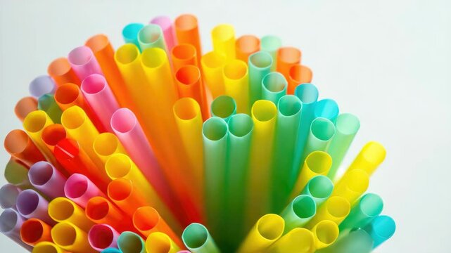 Vibrant bundle of multicolored plastic straws viewed from above