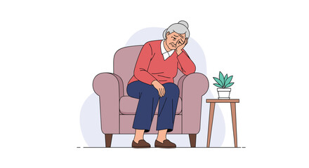 Elderly woman sitting in armchair looking stressed and tired experiencing discomfort or pain