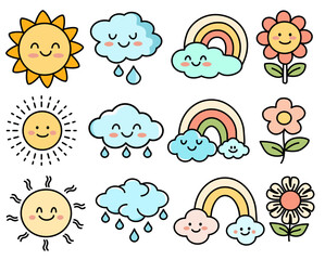 Bright and cheerful icons featuring sun, clouds, rainbows, and flowers, perfect for nature themed designs and children illustrations