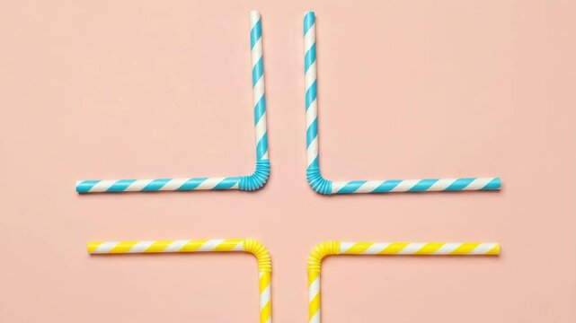 Four striped bendy straws arranged in plus sign on peach background