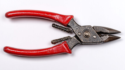 Set of pliers with red handles and metal jaws