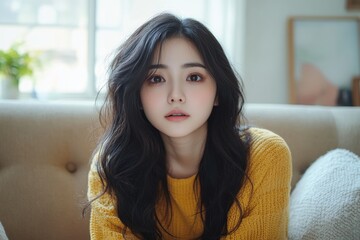 Unhappy anxiety young Asian woman sitting on the sofa at home, feeling stressed, Generative AI