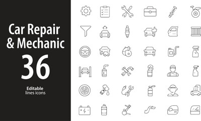 Car Repair and Mechanic Line Icons, Wrench, Gear, Tire, Engine, Oil Change, Editable Formats: AI, EPS, JPG, PNG, Ideal for Both Digital and Print Use
