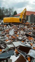 Excavator Operating Amongst Rubble and Debris, Representing Infrastructure Demolition and Renewal