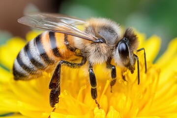 Honey bee collecting pollen on bright yellow dandelion flower in sunlit meadow, vibrant green and yellow tones, macro nature