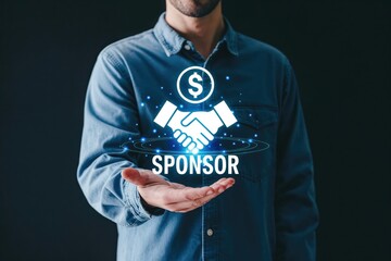 Businessman presenting digital sponsor icon with handshake and dollar symbol, financial partnership and business support concept.