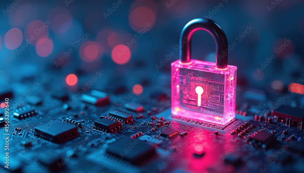 Leinwandbilder glowing digital padlock on circuit board cybersecurity data protection. futuristic design, high-tech