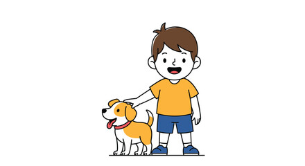 Happy young boy petting his beloved dog friend outdoor on a sunny day enjoying companionship