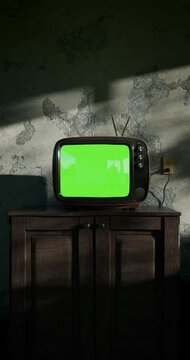 Retro TV turns on with noise in a dim room. Textured walls and trees cast shadows on the cabinet. Chroma key template. The last 120 frames loop swaying tree shadows. Vertical CGI clip