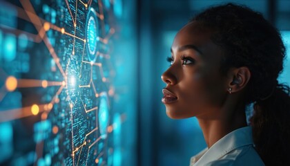 African American woman looking at digital interface, futuristic tech. Exploring innovation, AI data analysis, concept of network. Business professional in the corporate world, planning tech solutions.