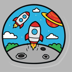 Cartoon Rockets Launching from a Planet