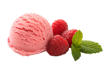 Pink ice cream scoop with raspberries and mint isolated on transparent background