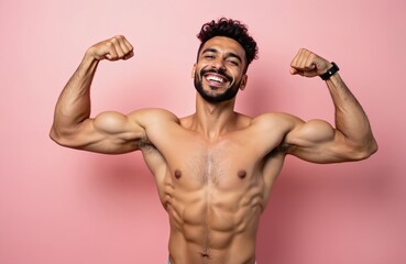 Young Arabian man flexing muscular biceps smiling after gym workout. Happy, satisfied, powerful man shows body. Positive vibes, health, fitness, wellness concepts. Pink wall background. Perfect for