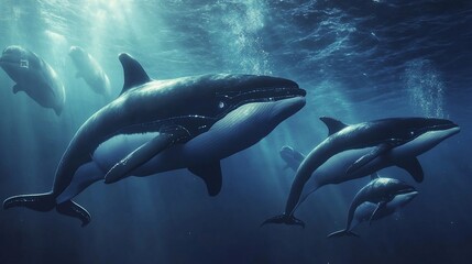 Obraz premium Majestic marine orcas cruising through blue waters under the ocean surface