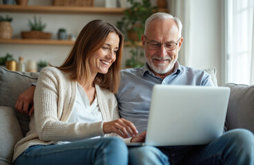 Happy senior couple at home using laptop for vacation planning. Man and woman, reading online reviews, booking travel, searching information. Smiling wife and husband on sofa together.