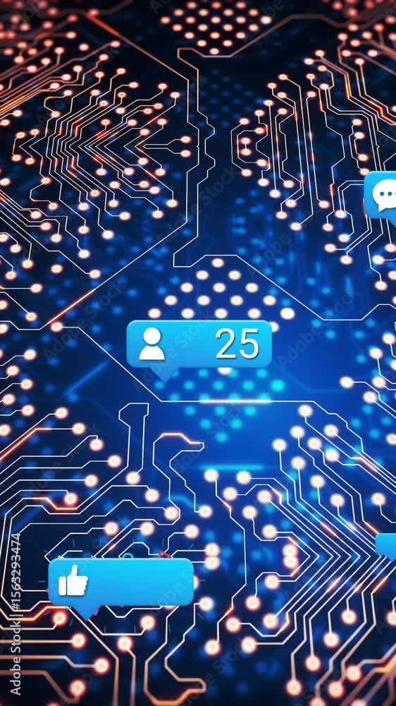 Poster animation of social media icons and numbers over computer circuit board