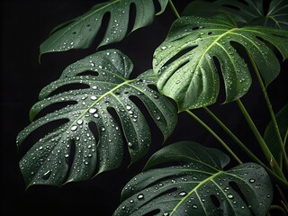 Closeup of monstera leaves with water drops on a dark background, showcasing the plants tropical foliage and botanical details