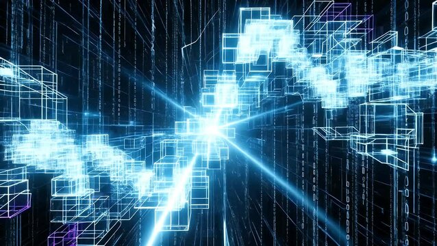 Abstract glowing blue cubes and lines with binary code