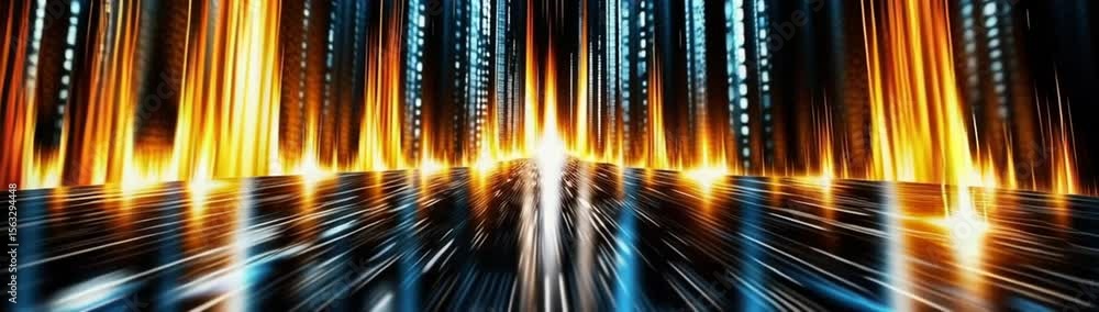 Poster abstract digital light streaks with reflection in a vibrant futuristic setting