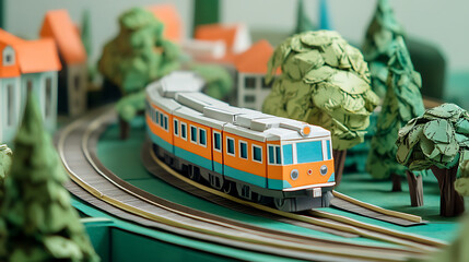 A colorful train with a yellow and orange car is traveling down a track next to other trains. The train is surrounded by buildings, giving the scene a sense of urban life