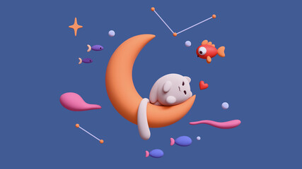 3d render of fat fluffy kawaii white happy cat sleeping lying on yellow moon, dreaming of goldfish floating in the air with pink clouds, red heart shape, bubbles stars, small fishes on blue background