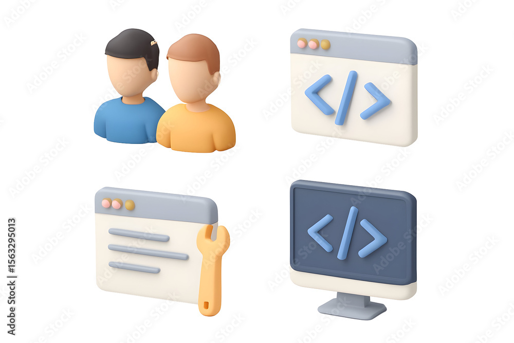 Poster 3d illustration icons developers, coding window, computer, and website repair
