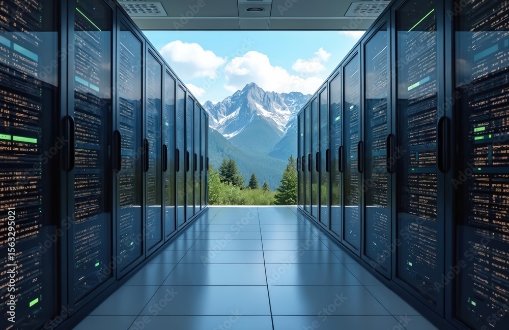 Poster modern server room with mountain view. data center with racks of servers. green energy sustainable i