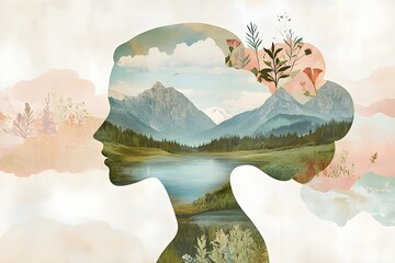 Digital art collage combining a female silhouette depicted in profile with closed eyes, encompassing serenity & elegance with a landscape incorporating various tranquil elements of nature	