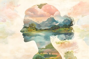 Digital art collage combining a female silhouette depicted in profile with closed eyes, encompassing serenity & elegance with a landscape incorporating various tranquil elements of nature