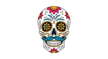 Day of the dead sugar skull with floral decorations and mustache