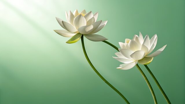 Two white lotus flowers bloom gracefully against a soft green backround