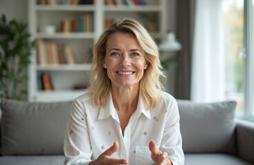 Smiling middle-aged woman looks at camera during video call. Cheerful blond female in home office speaks online via webcam. Happy teacher, coach, business woman at remote work. Online lesson, job