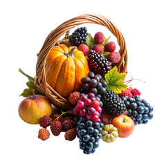  A cornucopia overflowing with grapes, blackberries, and a miniature pumpkin on transparent