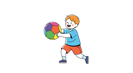 Fototapeta premium Joyful young boy actively playing with a vibrant colorful beach ball on a bright sunny day