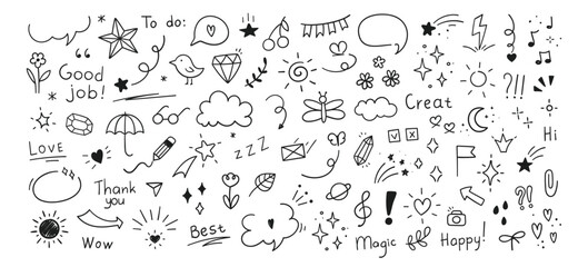 Doodle collection of handdrawn clip art icons including text and simple graphics like stars clouds and hearts